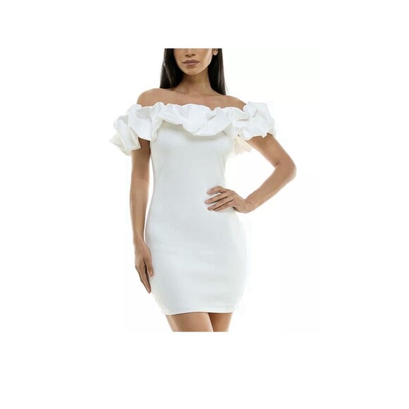 City Studios Juniors' Ruffled Off-The-Shoulder Bodycon Dress Size 15/16 White - Picture 1 of 11